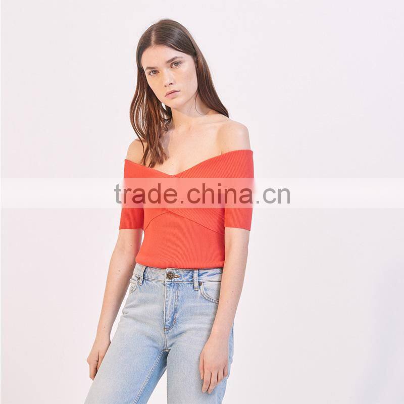 Elasticated knit crossover shape V-neck short sleeves strapless tank