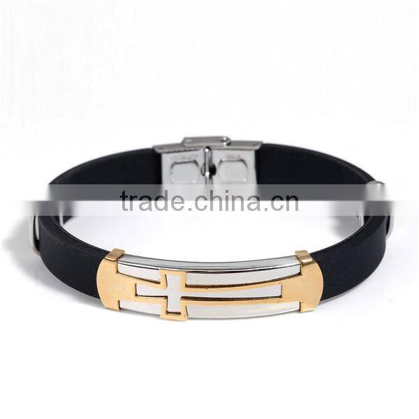 Custom Personalized Gold Plated Black Cross 304 Stainless Steel Silicone Wrist Band Custom Debossed