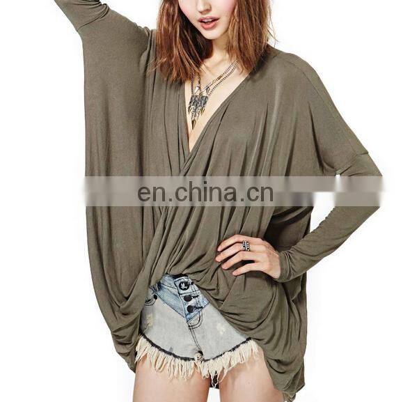 2017 OEM New Spring High Quality Fashion Cross-Folding Loose Type Deep V Shape Women tshirt