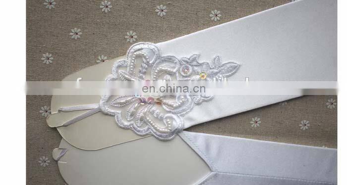 Pretty and Elegant Long Finerless Wedding Gloves White & Ivory Appliqued with Sequins& Ruffles Pearl Beaded satin Bridal Gloves