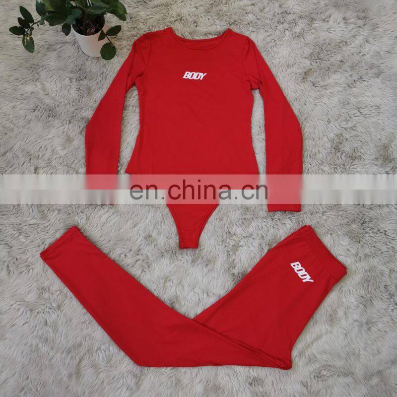 2021 Custom Logo Bodysuits Set And Legging Fall Women Clothes Sexy Long Sleeve Bodycon Body Bodysuits For Women