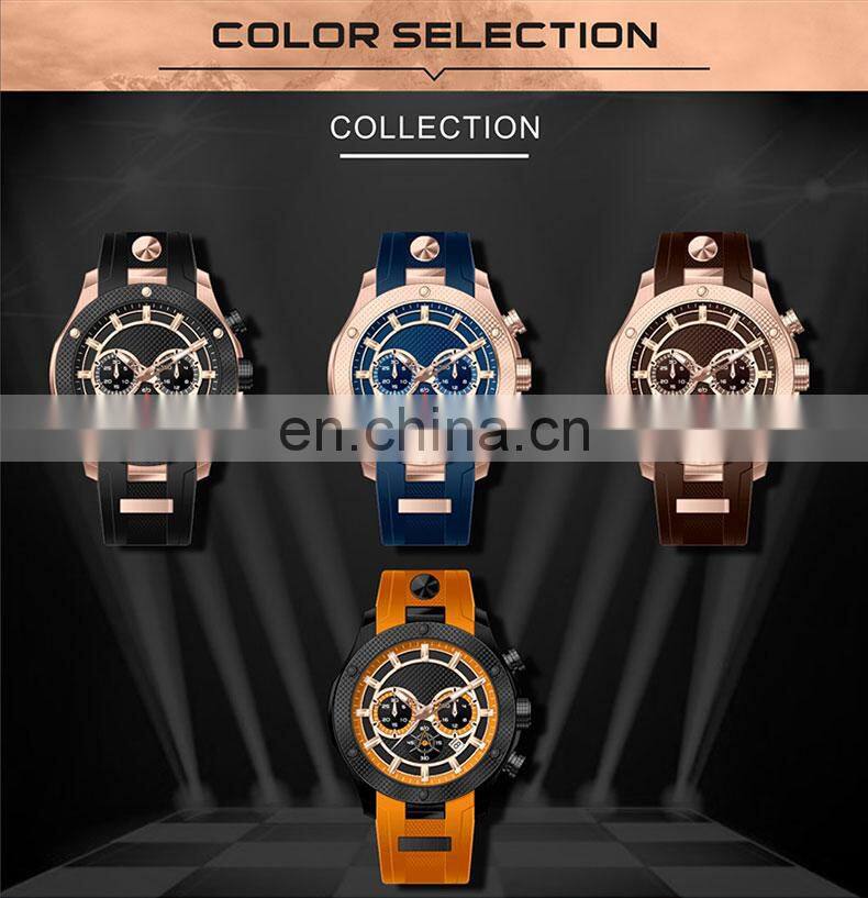 High quality rose gold case blue dial and silicone band dress steel chronograph sports watch men custom logo