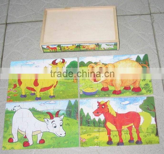 Hot selling educational wooden toys wooden puzzle, sheep pig cow horse animal in wooden box