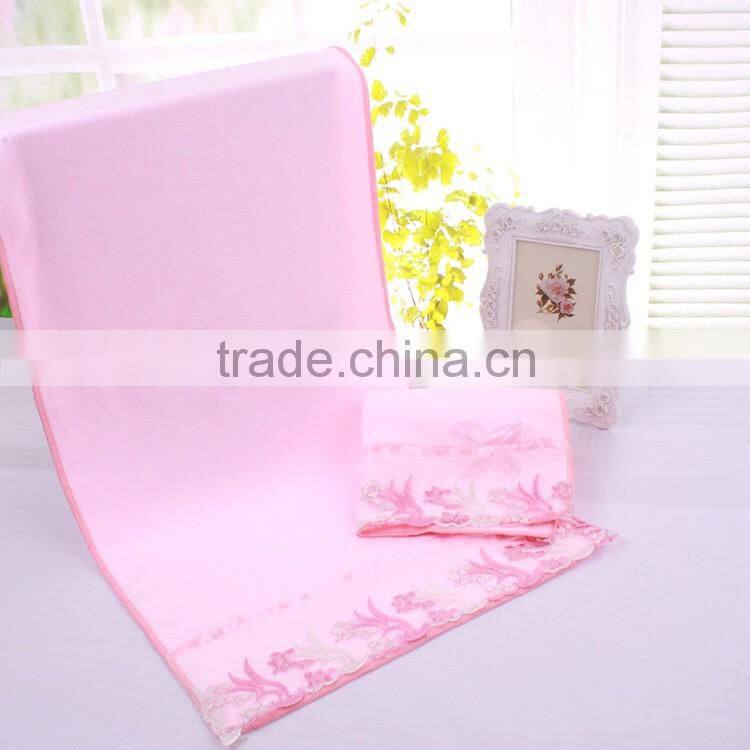100% cotton fashion solid color embroidery pink lace towel