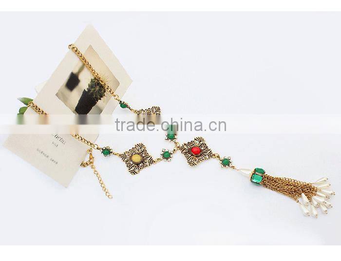 Ethnic gold jewellery square charm pearl drop metal tassel necklace
