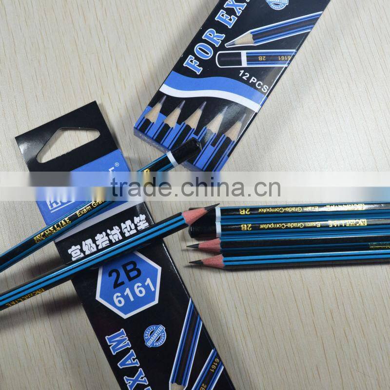 7" standard size hexagonal shape black and blue striped graphite 2B pencil sharpened with dipped end