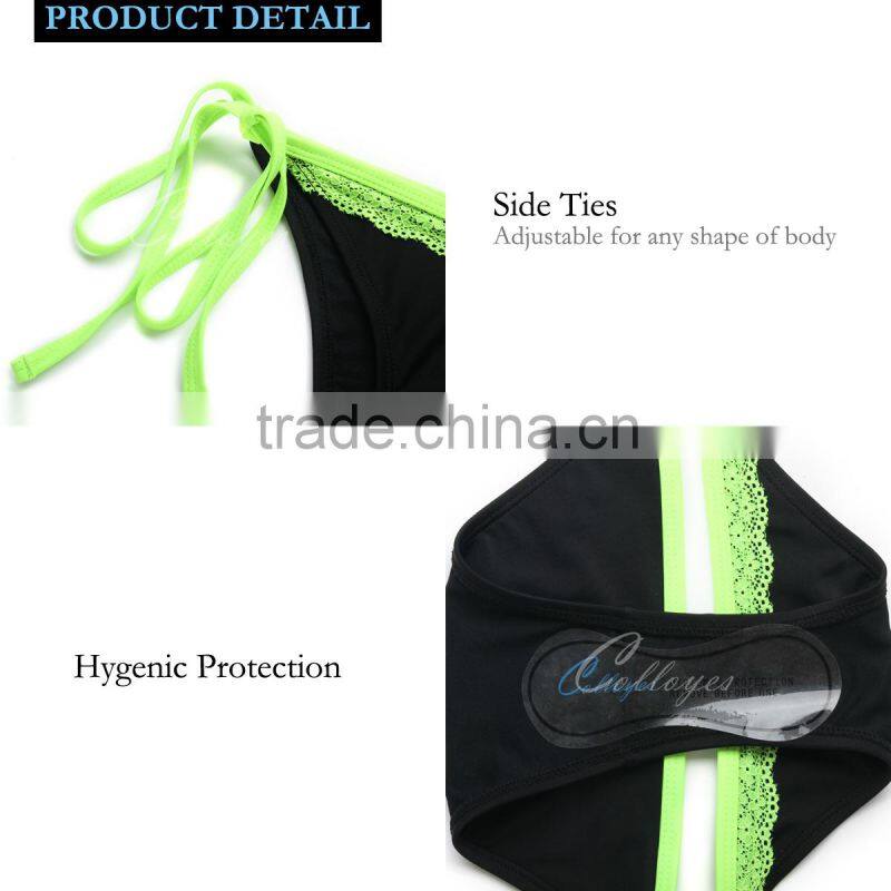 Colloyes New Sexy Bikini Swimwear 2016 Triangle Top Black + Green Lace with Classic Cut Bottom