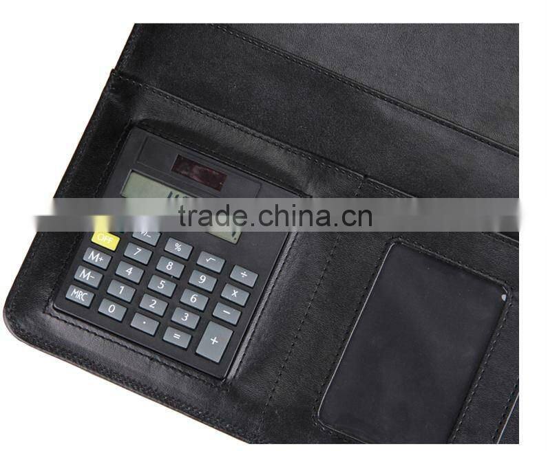 Black manager folder,genuine leather business folder with calculator