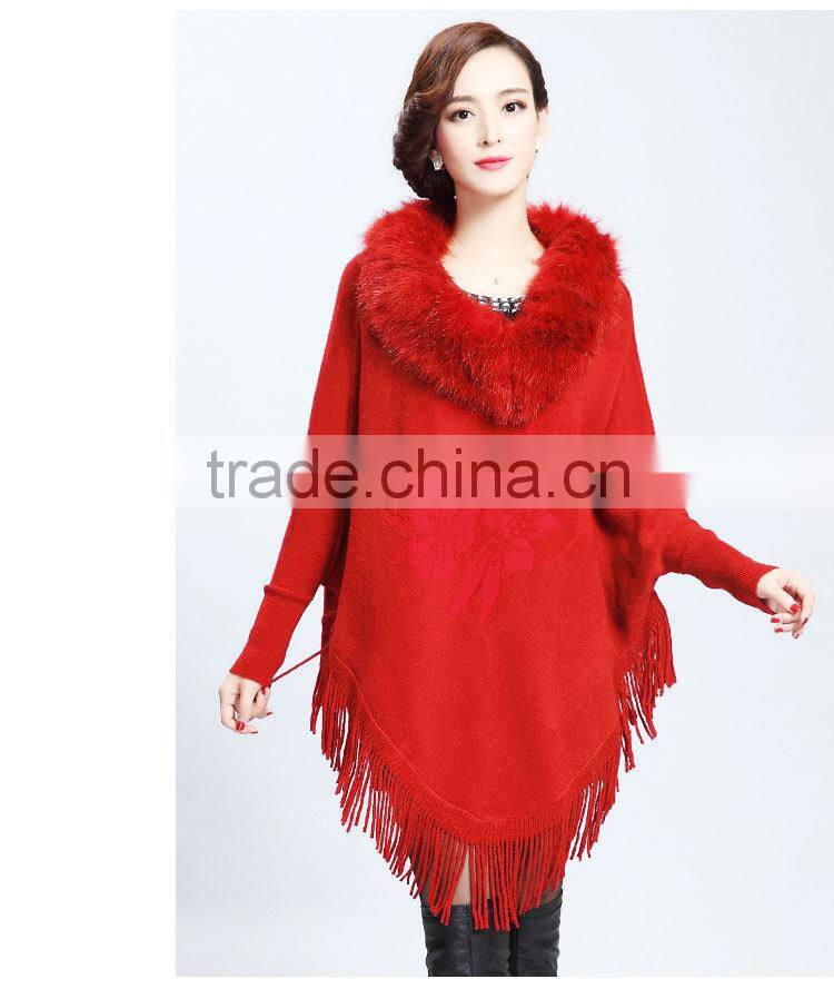 2015 Europe and United States new upmarket collars printing long tassels knitting cape coat female