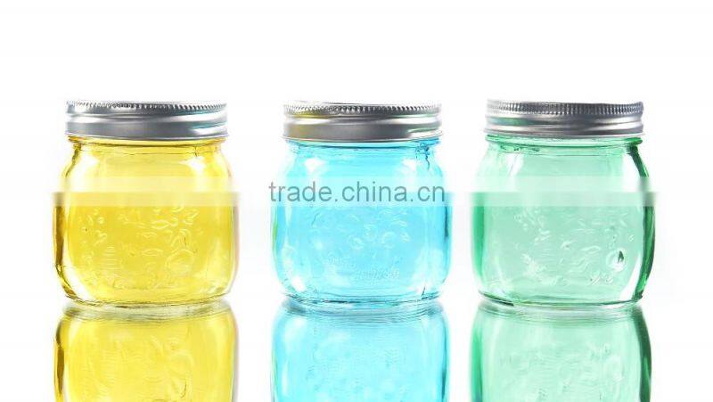 Colored Small Carving Glass Mason Jar With Tin Lid