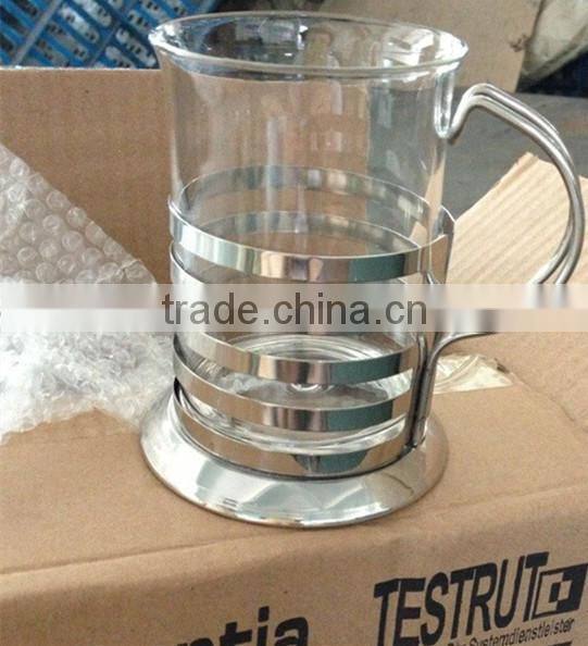 Glass cup with stainless steel handle