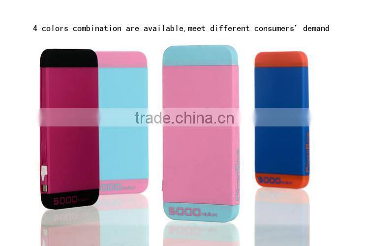 2014 High quality built in cable 5000mah silicon powerbank