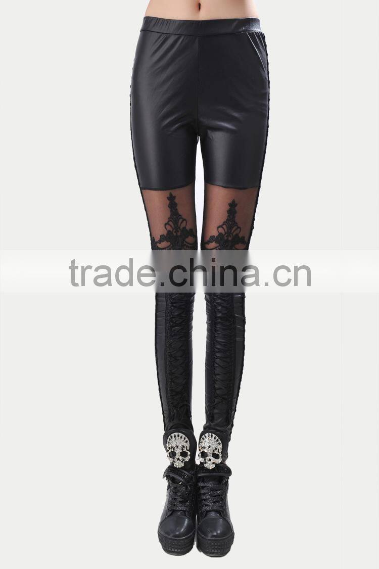 New Sexy Women Faux PU Leather Retro Gothic Punk Style Lace Black Leggings Tights Pants