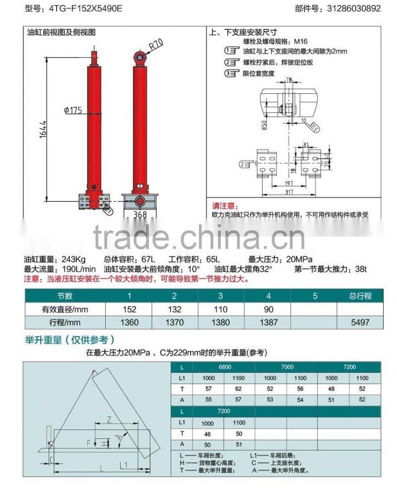 steel material 4 stages hydraulic lifting hoist