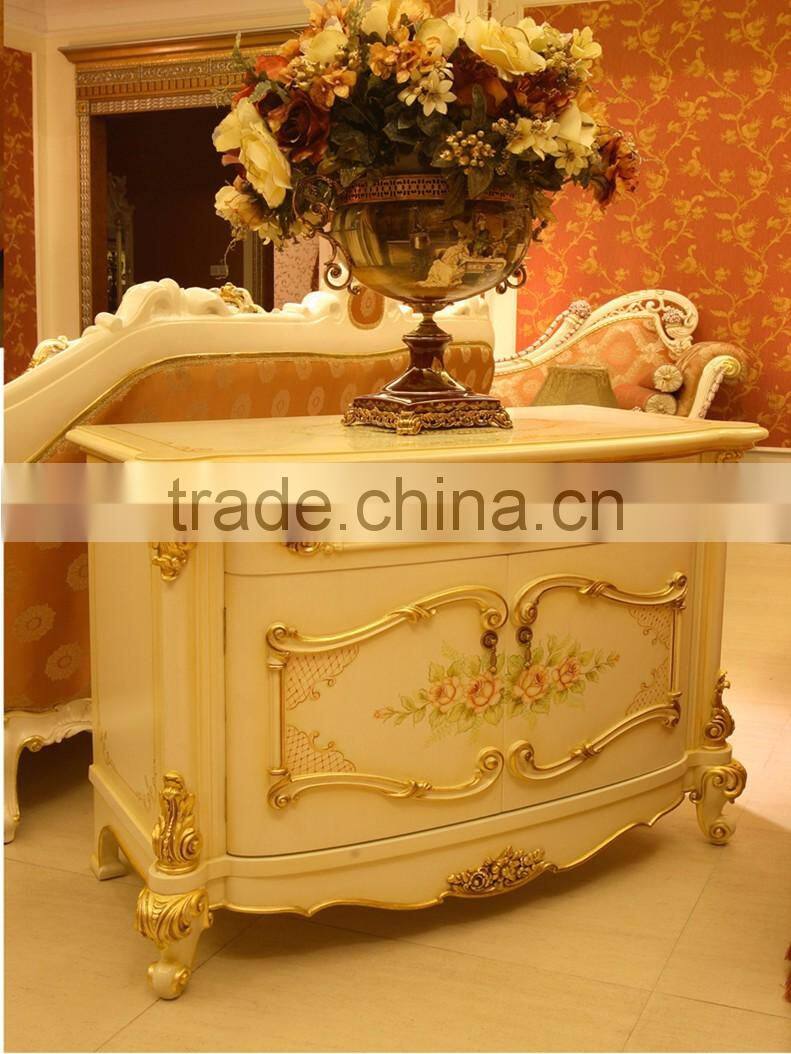 French Graceful Wood Carving Bedroom Set, Luxury Home Gilt Bedroom Furniture, Fancy White Hand Painted Super King Size Bed