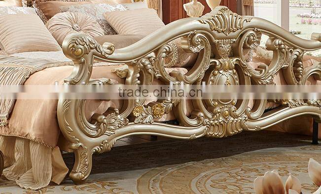 Solid wood champagne gold carving double bed with leather headboard
