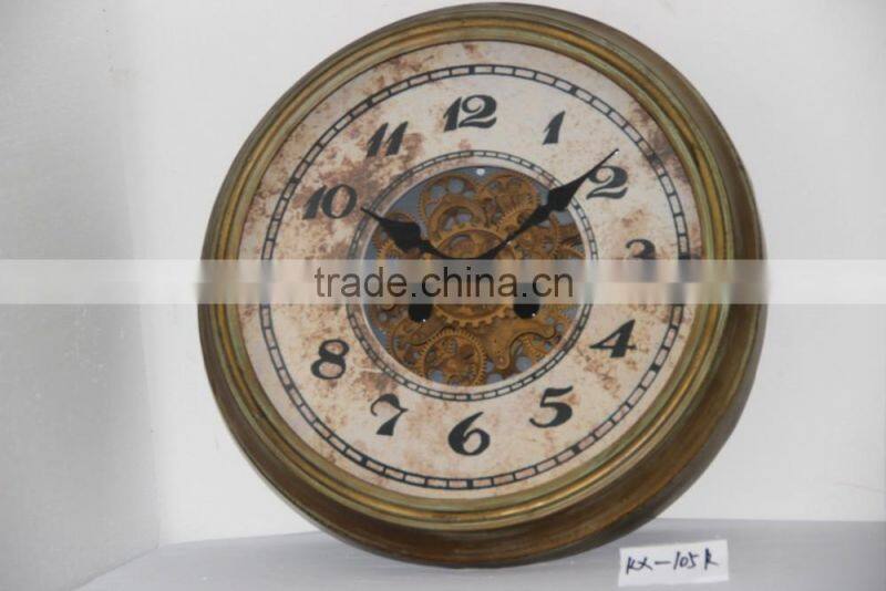 antique metal mirror clock with wheel gear decor