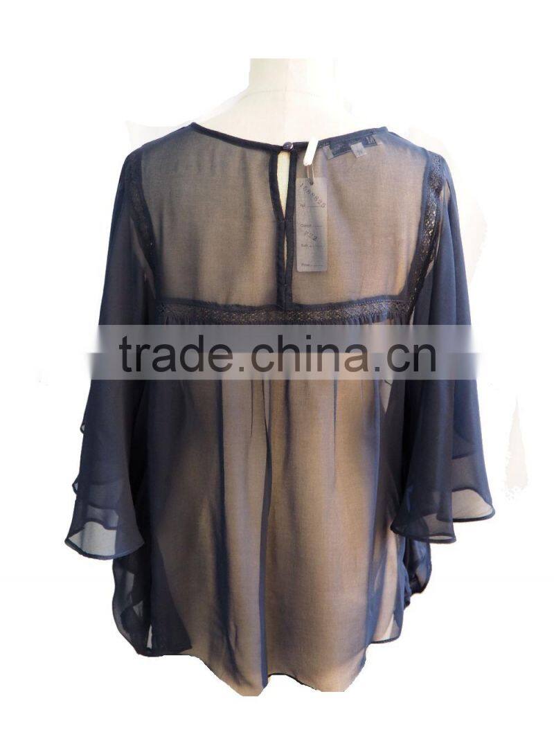 Sexy Chiffon Fluffy Bat Sleeve with Floral Embroidery Design Ladies Blouse Top