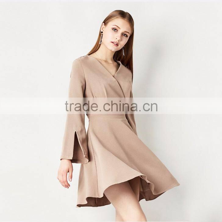 New arrival v neck split cuff design 100% polyester blank wholesale dresses girls' long sleeve one-piece dress