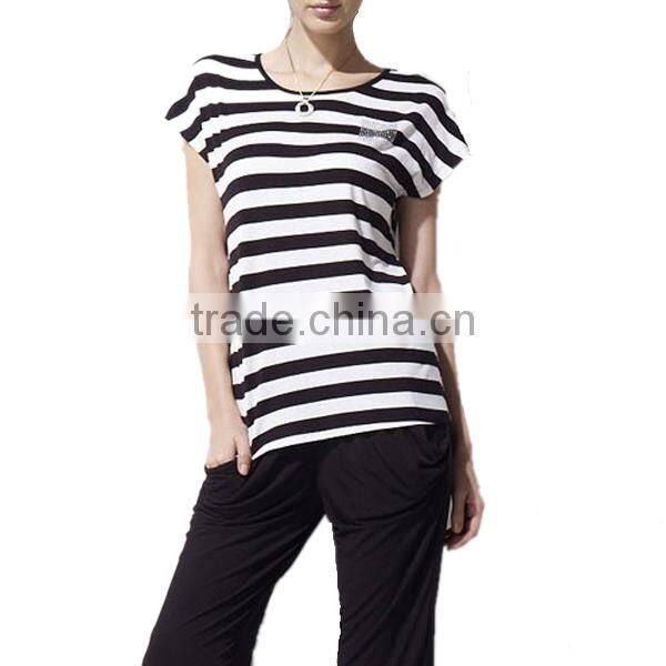 cotton/polyester contrast color stripe fashion t shirt with short sleeve