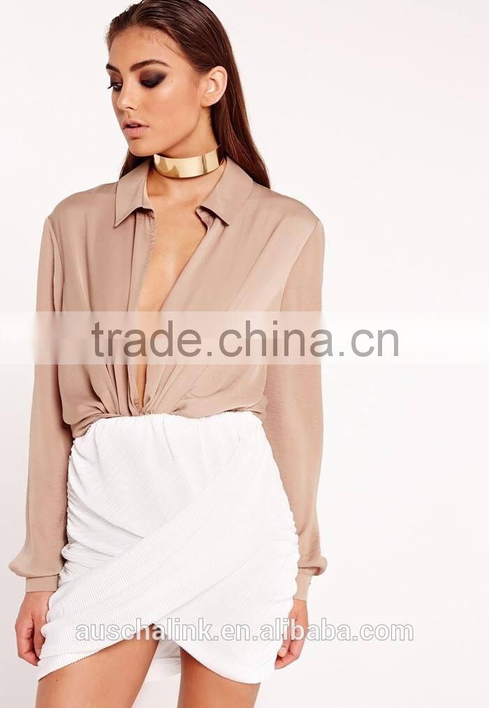 2016 high quality women white pleated magic wrap mini skirt