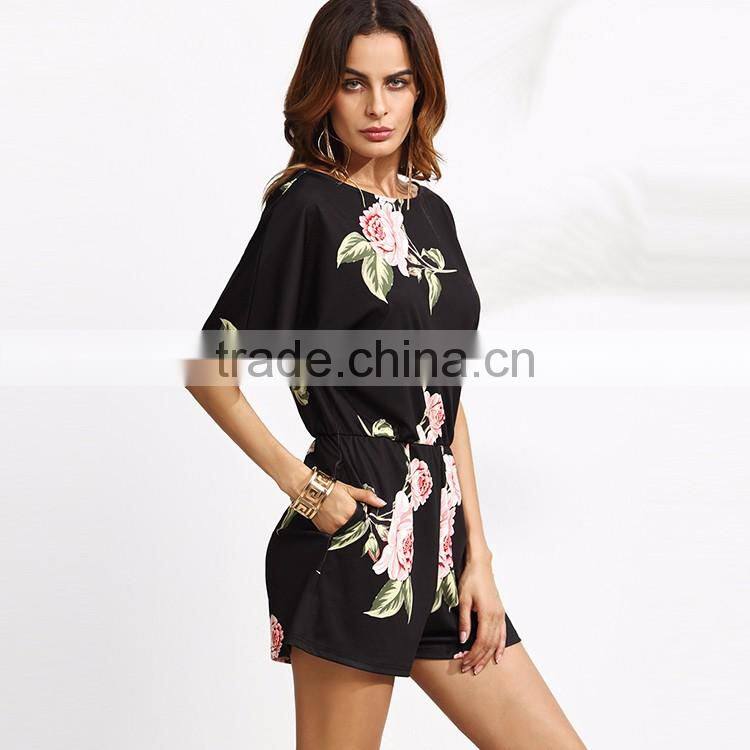 HAODUOYI Women Sexy Print Backless Crew Neck Breasted Romper Beach Party Short Sleeve Jumpsuit