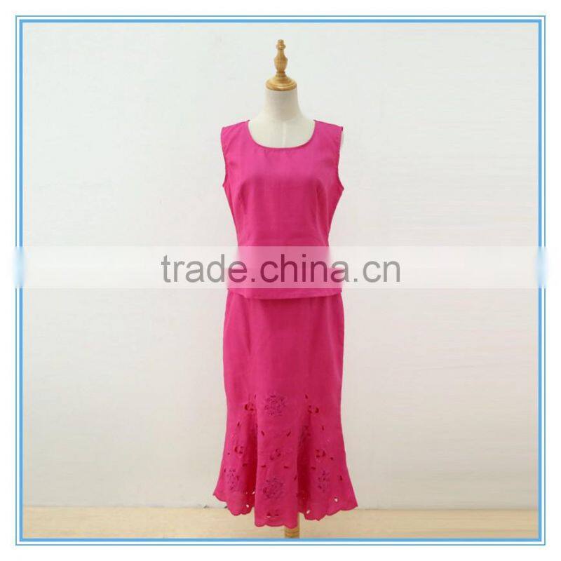 Linen Fabric Floral Embroidery Monogram Scallop Church Suits For Lady