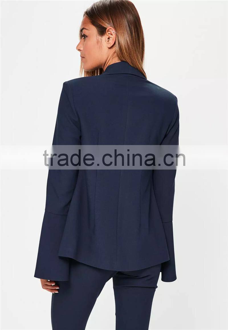 MGOO 2017 New Style Flare Long Sleeves Tops One Button Women Fashion Suits Navy pLain Crepe One Buttons Jackets