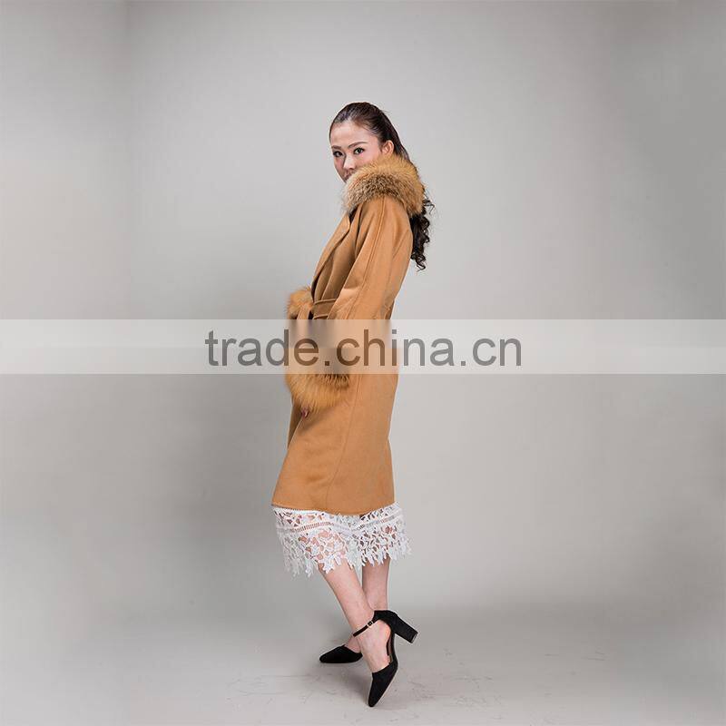 Myfur Factory Wholesale Wool Coat with Detachable Red Fox Fur Collar and Fox Fur cuff Wool Fur Jacket