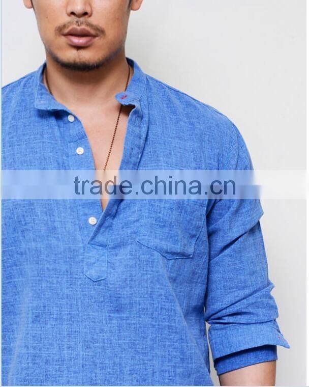 Men's Long Sleeve Blue Laid-back Holiday Linen Pull Over Henley Mandarine Shirt