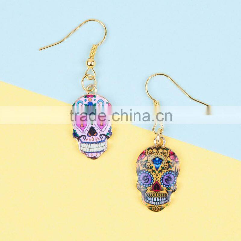 New Fashion Gold Plated Multicolor Halloween Sugar Skull Pattern Earrings