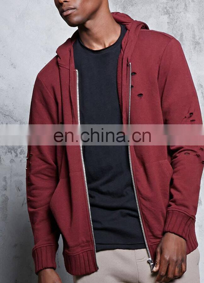2017 OEM Factory Cotton Polyester High-Polish Zip-Front Distressed Men French Terry Hoodie