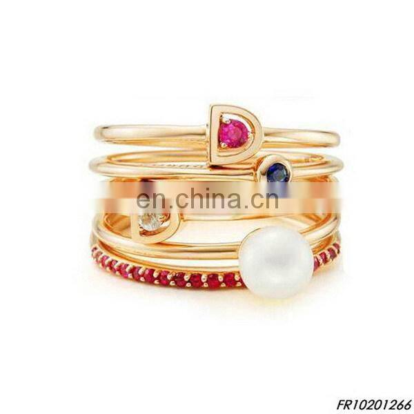 Gold set of four stacking ring with gemstone fashion opal ring jewelry