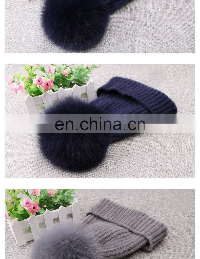 Winter Wool Knitted Beanies Scarf Fox Fur Pompom Knitted Hat Wool
