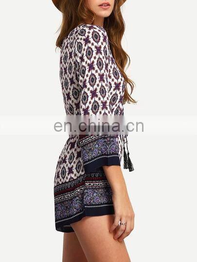 China Factory Wholesale Fashion Design Tribal Print Tassel-Tied Romper Women