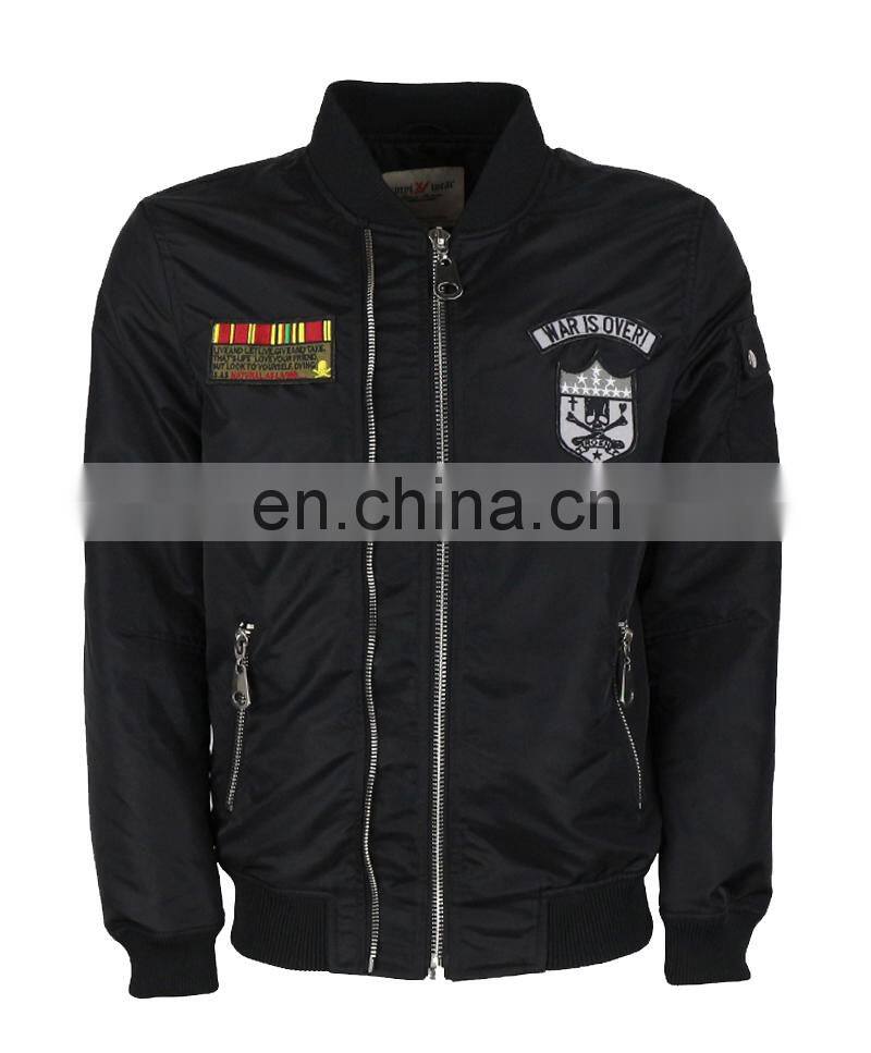 Custom Nylon Plain Black Flight bomber jacket mens with patches