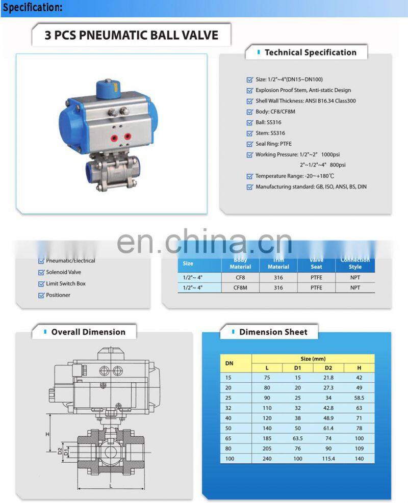 2 way actuator ball valve air actuated for air water, DN25
