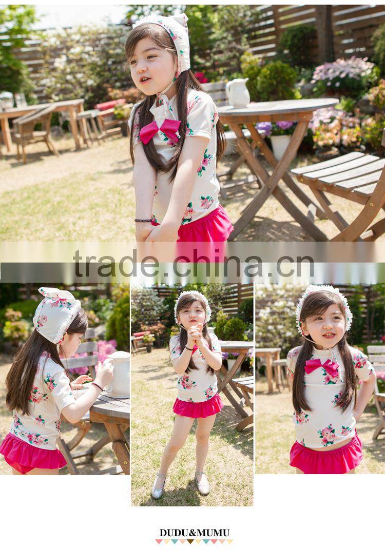 beautiful flower printed children bath suits fancy swimwear with cap wholesale