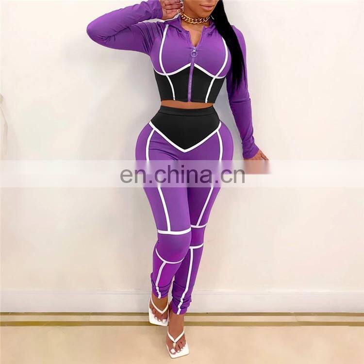 2020 Fall Fashion Woman Clothes Round Neck Crop Top High Waist Pants Two Piece Set