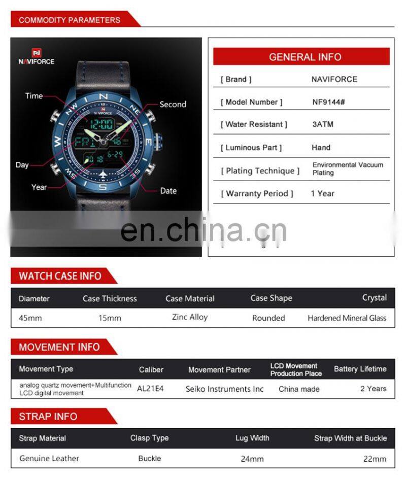 NAVIFORCE NF9144 Men Digital Quartz Movement Watch Simple Style Leather Band Watch Luminous Week Date Month Display