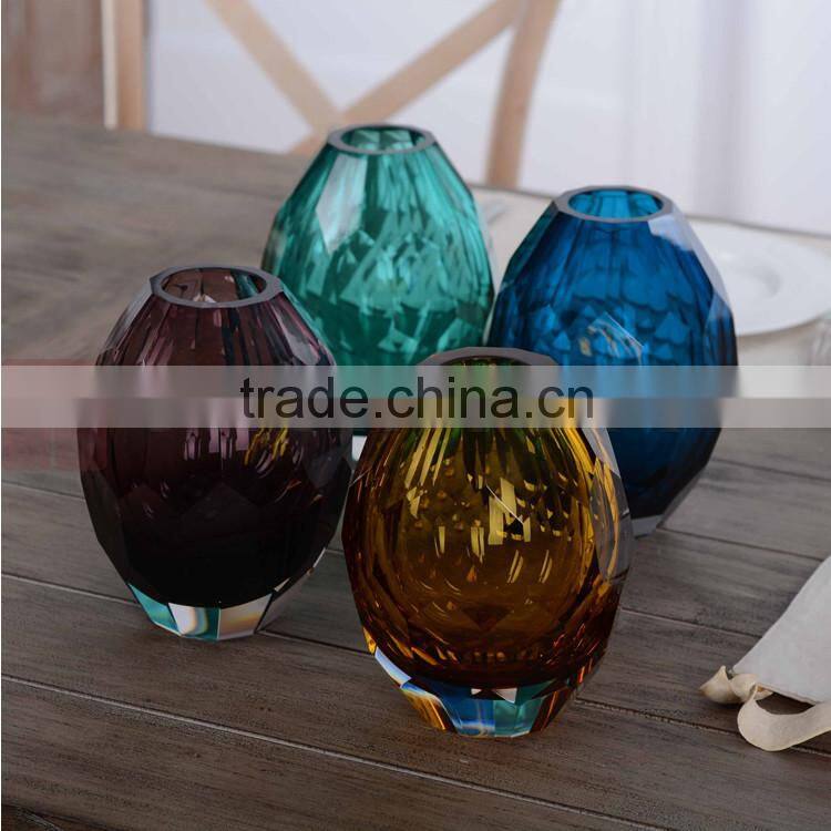 Casamotion Shiny Modern Small Diamond Blue Color Handmade Glass Vase