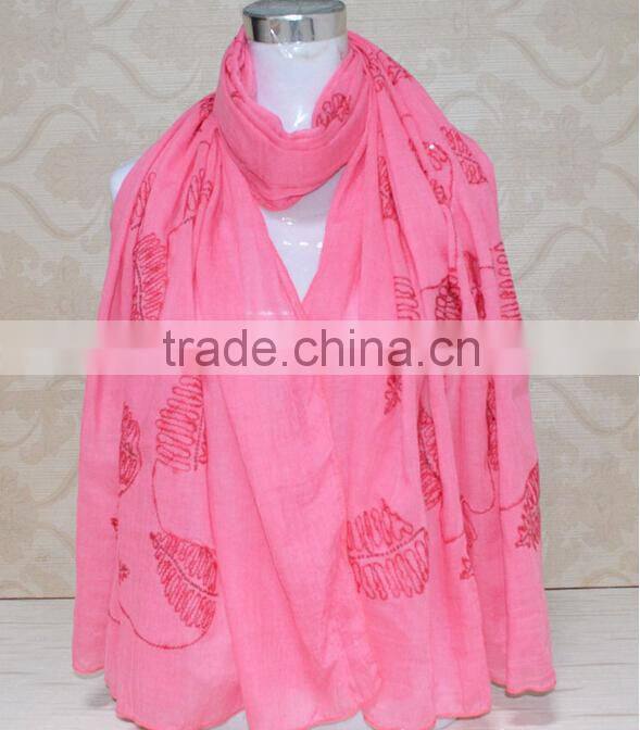 New Style Sequin Leaf Pattern Cotton Fashion Woman Embroidered Shawls