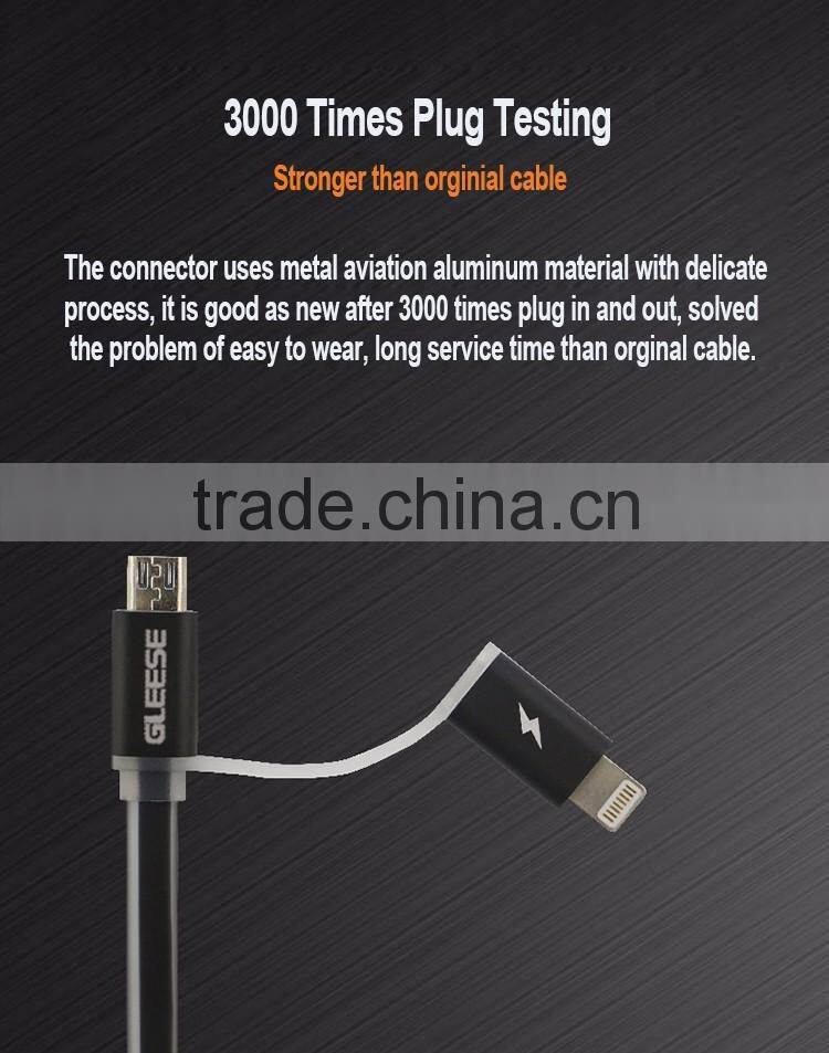 Gleese High Quality Data Charger 2 in 1 TPE Copper Core Micro USB Cable for iPhone and Android