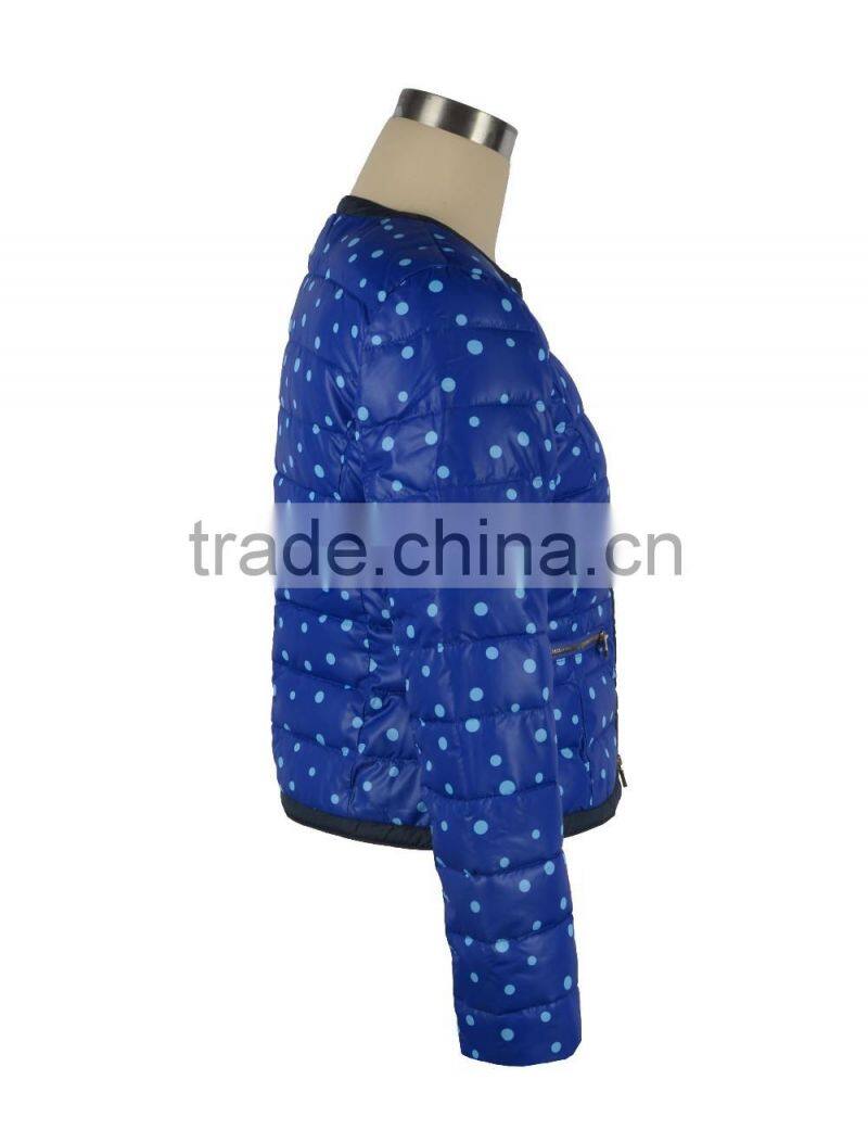 women's collarless padded jacket.