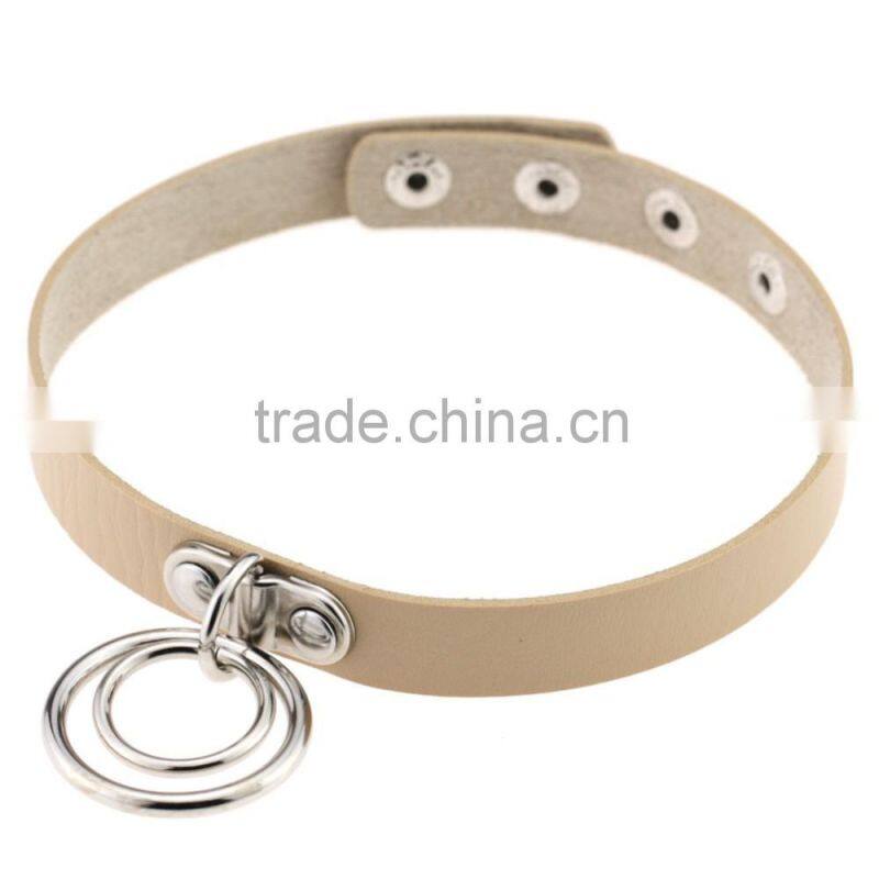 Fashion Handmade Punk Gothic Double O Shaped Metal Leather Button Jewelry Collar Choker Necklace