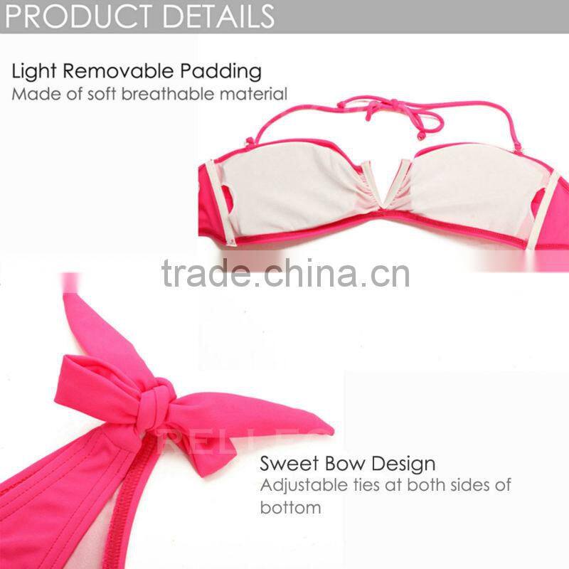 RELLECIGA Sexy Young Girl Bikini Set - Neon Pink Bandeau Top with an Open "V" Wire at Center Front