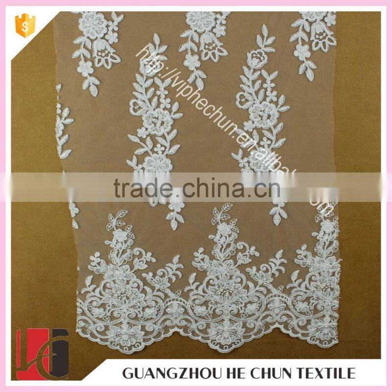 HC-5893-1 Hechun Pearl Beading Crocheted Wholesale Bridal Lace Fabric for Wedding Dress 2016