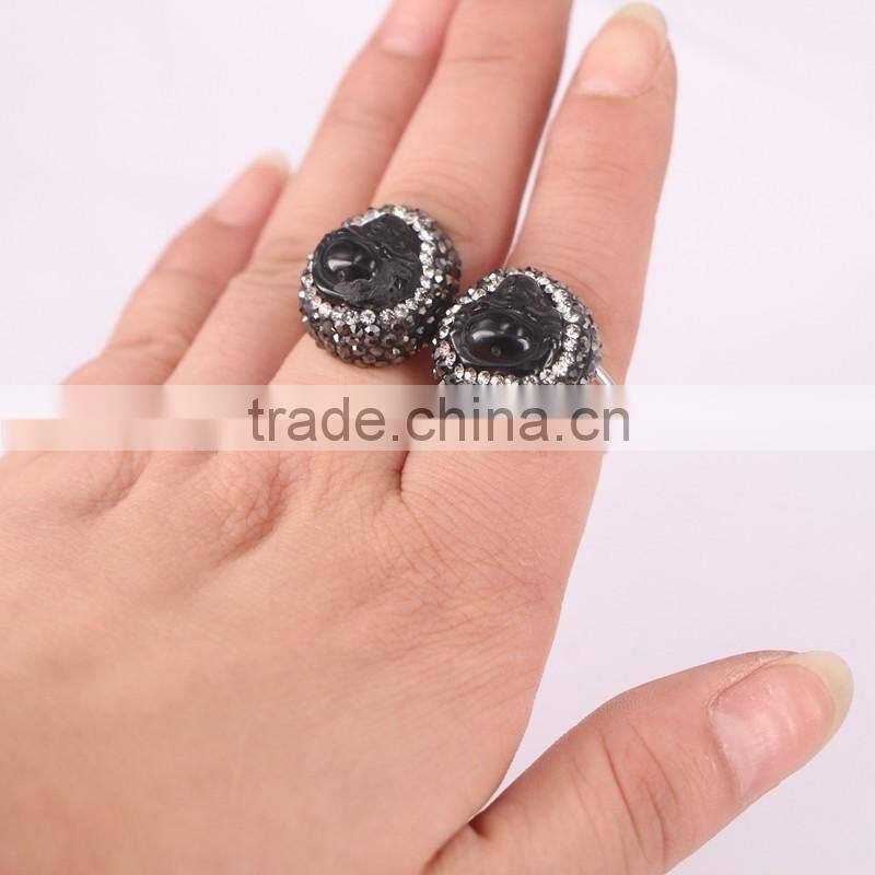 High Quality Sterling Silver 925 Black Druzy Stone Ring, Pave Crystal Jewery Carving Obsidian Buddha Ring