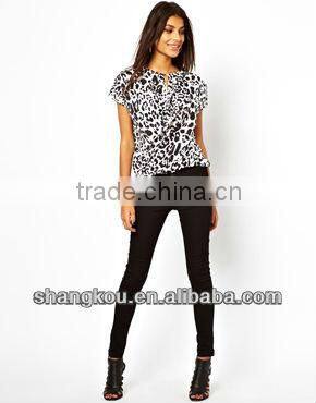 2013 high fashion design women summer Leopard Print Top crew neck line and short sleevle tops and blouse shkz85
