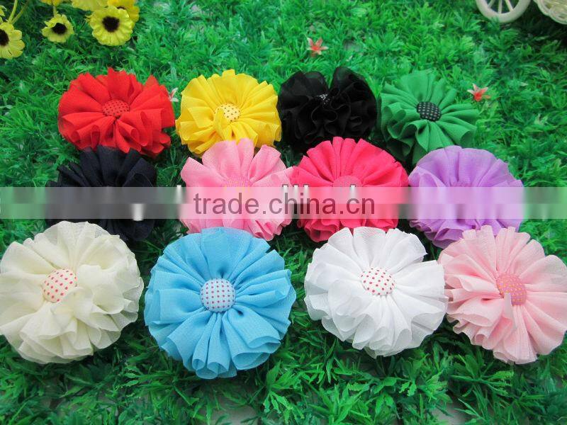 Hot Sell Children Hair Accessories 2.4"Solid Chiffon Flower with Polka Dot Button for Kids Hair Accessories IN STOCK